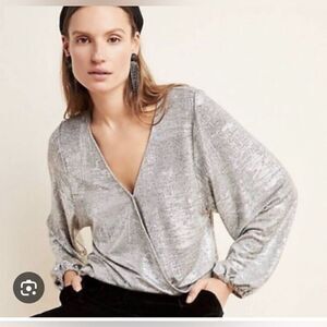 Anthropologie Carys Dolman Silver Wrap Top Long Sleeve Blouse Size L